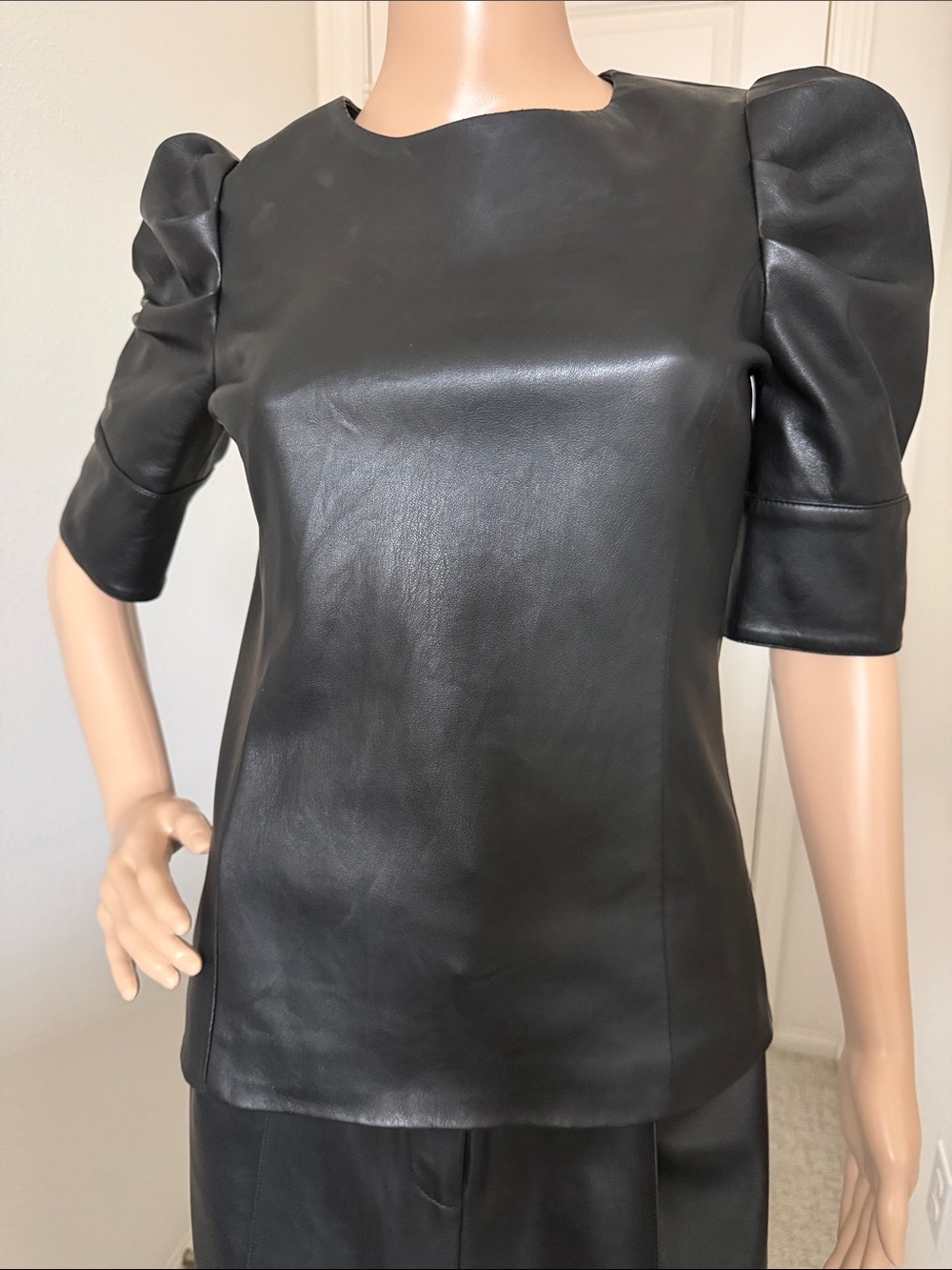 AQUA Black Faux Leather Puff-Sleeve Women's Top